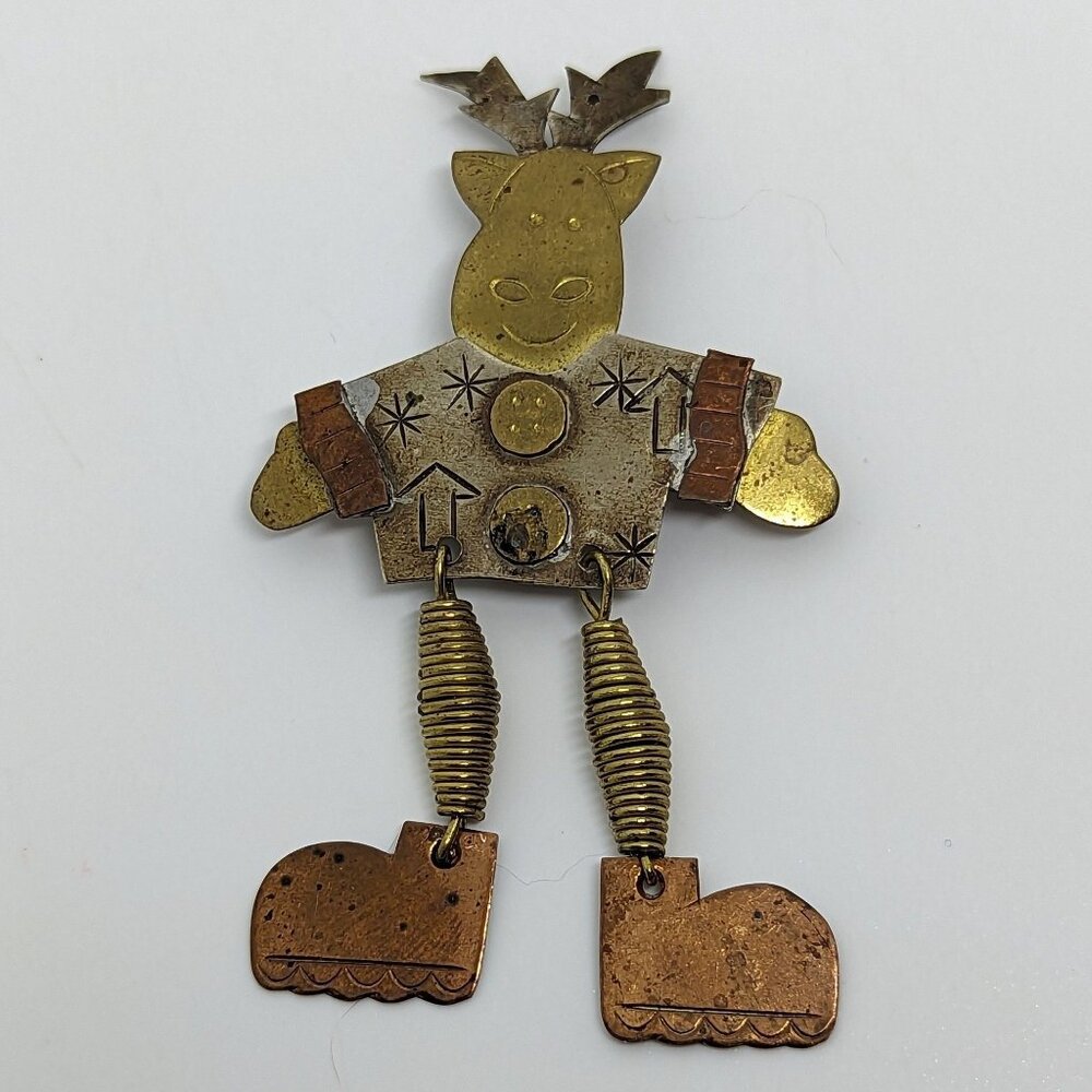 Vintage Brass & Copper Reindeer Pin Brooch With Dangling Legs 2.5" Tall